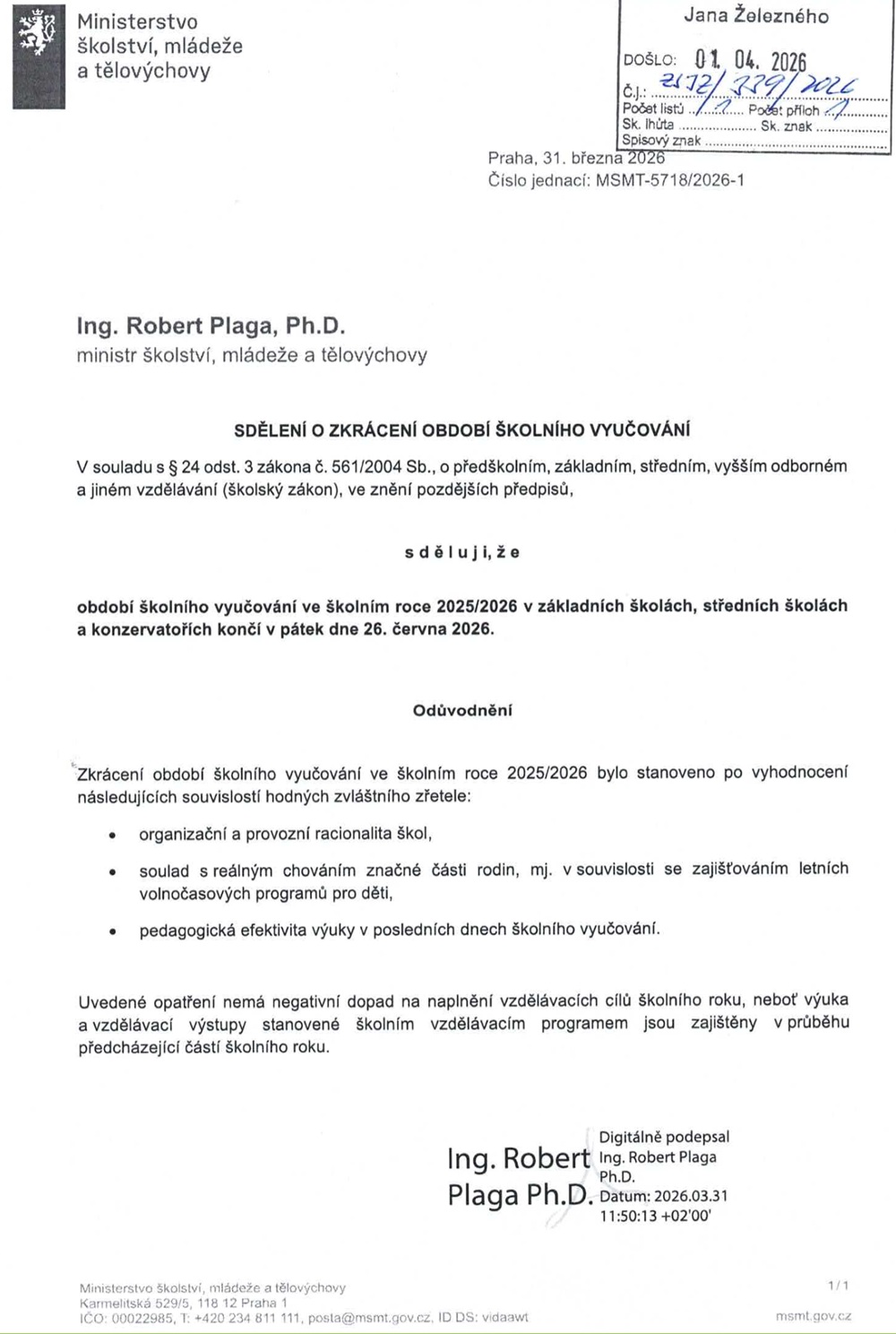 zkraceni skolniho roku 2026